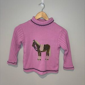 LITTLE GIRL EQUESTRIAN Pink Long Sleeve Turtleneck Sweater with Horse Detail 3/4